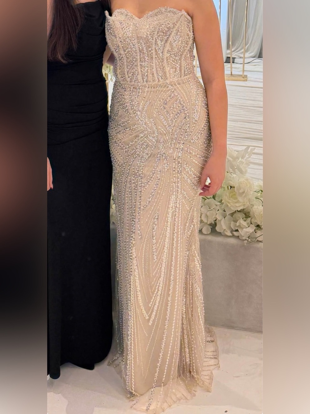 Beaded Nude Evening Gown - Elegant Women's Dress